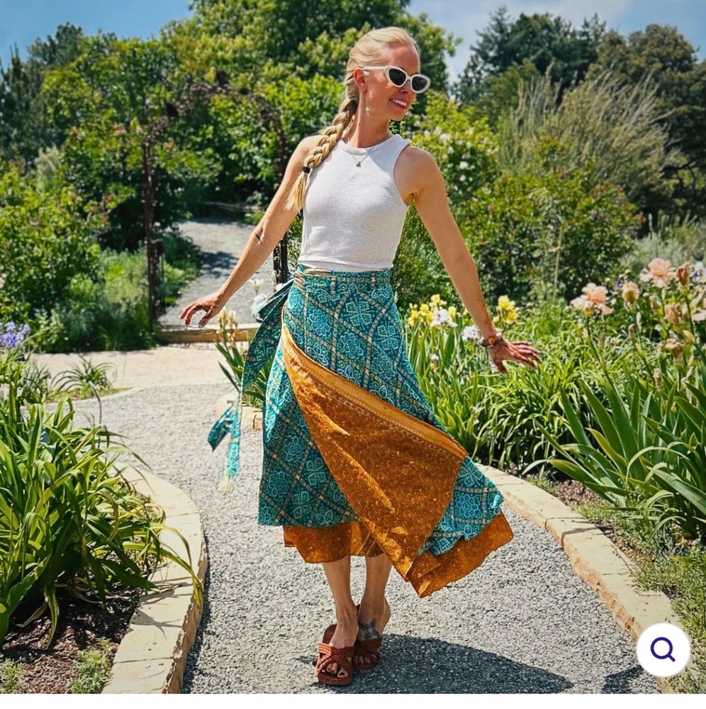 -Darn Good Yarn Vibrant Multicolor Sari Wrap Versatile Reversible Midi Skirt